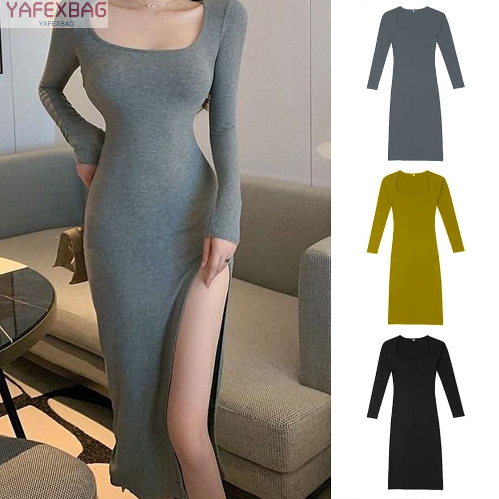 Womens Dress 3 Colors Hip Skirt Long Sleeves Split Square Collar S~3XL