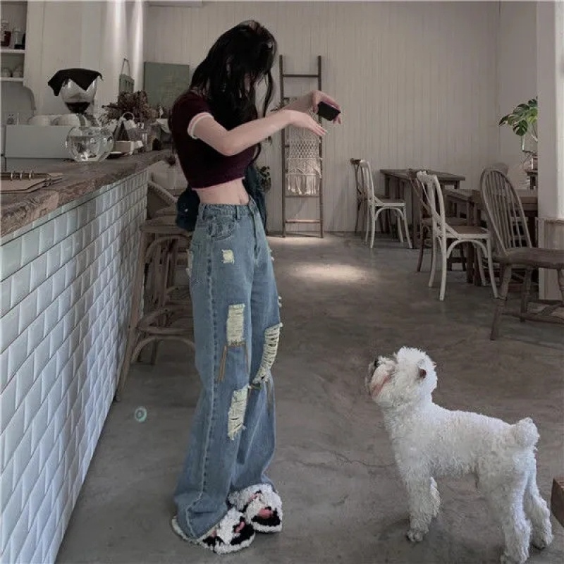 Quần Jean Ống Rộng Rách Gối Thời Trang Dành Cho Nữ