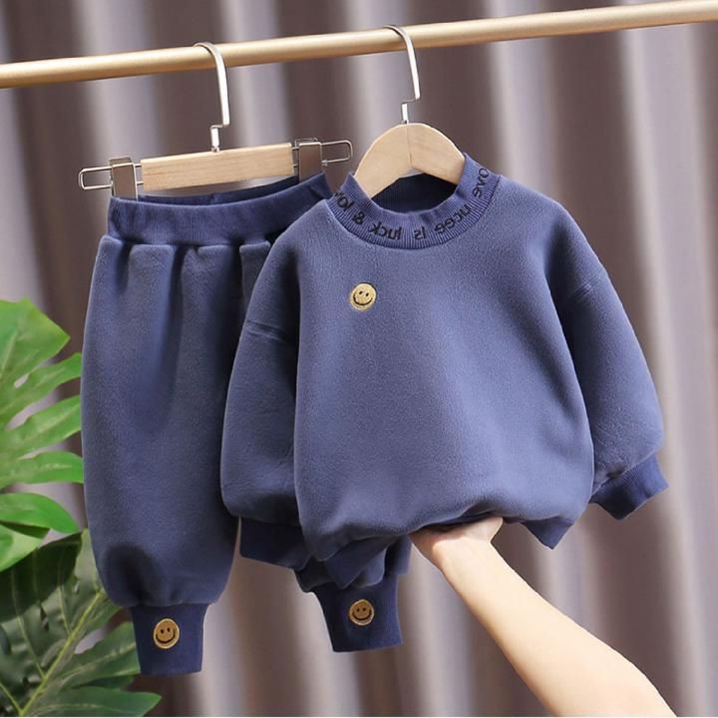 Bộ nỉ cho bé, Bộ nỉ bông thêu hình mặt cười chất cotton cao cấp Moobaby Shop