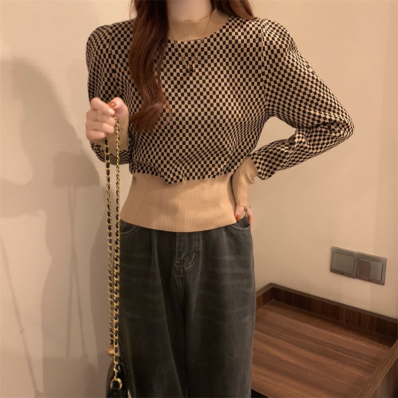 Áo sweater ZHELIHANGFEI dài tay dáng ôm kẻ sọc caro thời trang cho nữ