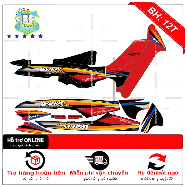 ( Quí khách vui lòng mang ra tiệm cho thợ dán ) Tem wave nhỏ đời đầu đỏ đen v1