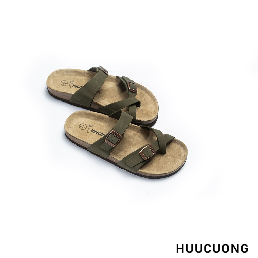 Dép unisex  Huucuong xỏ ngón da bò rêu