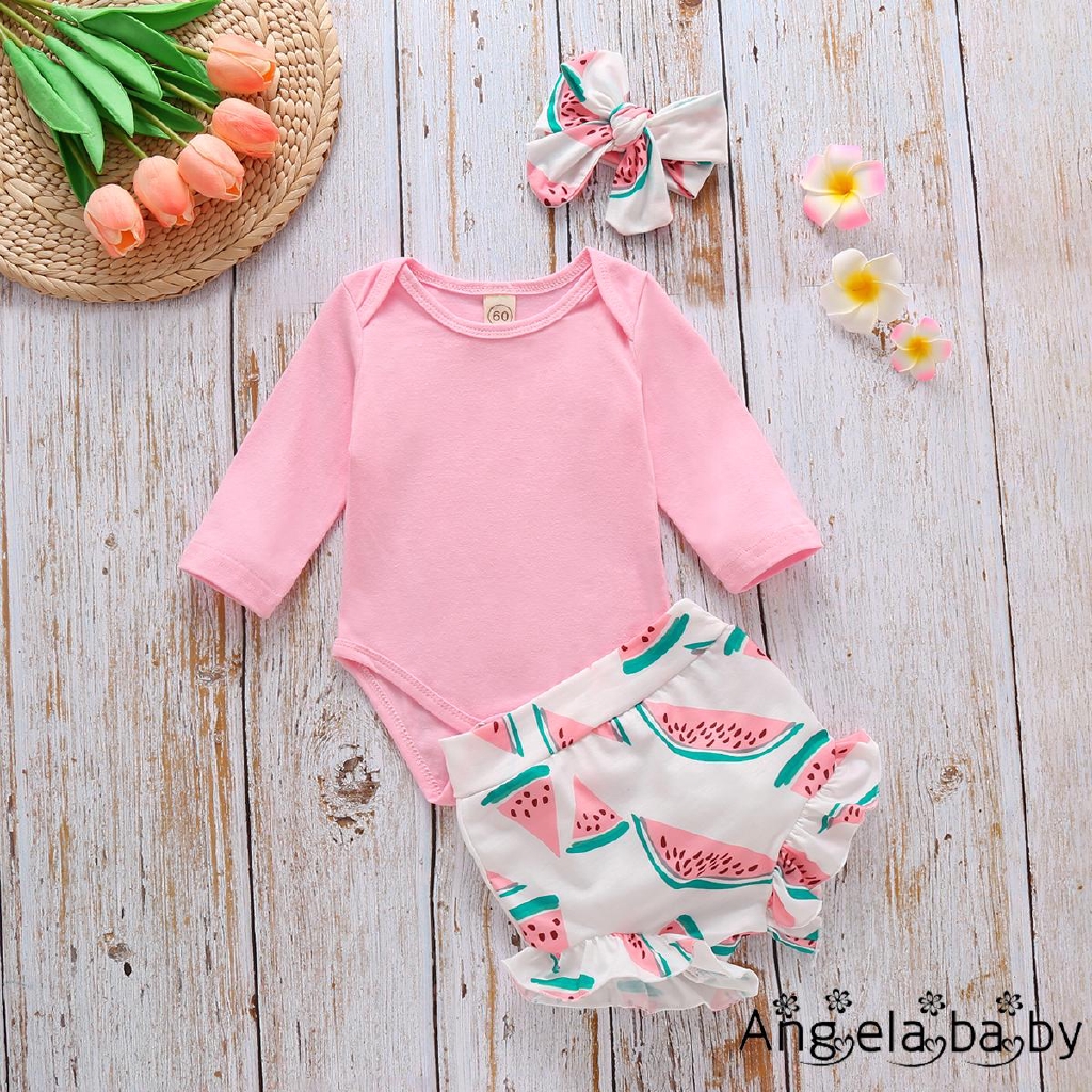 Set jumpsuit dài tay màu trơn + quần short lưng cao kèm băng đô thời trang cho bé gái