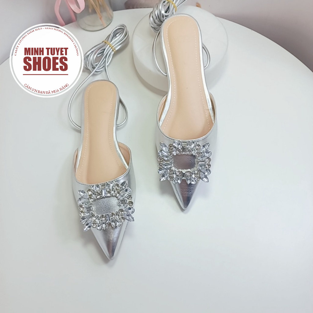 giày đế bằng mùa hè minhtuyetshoes sục nữ da bóng đính đá mẫu mới bền đẹp mũi nhọn sang chảnh
