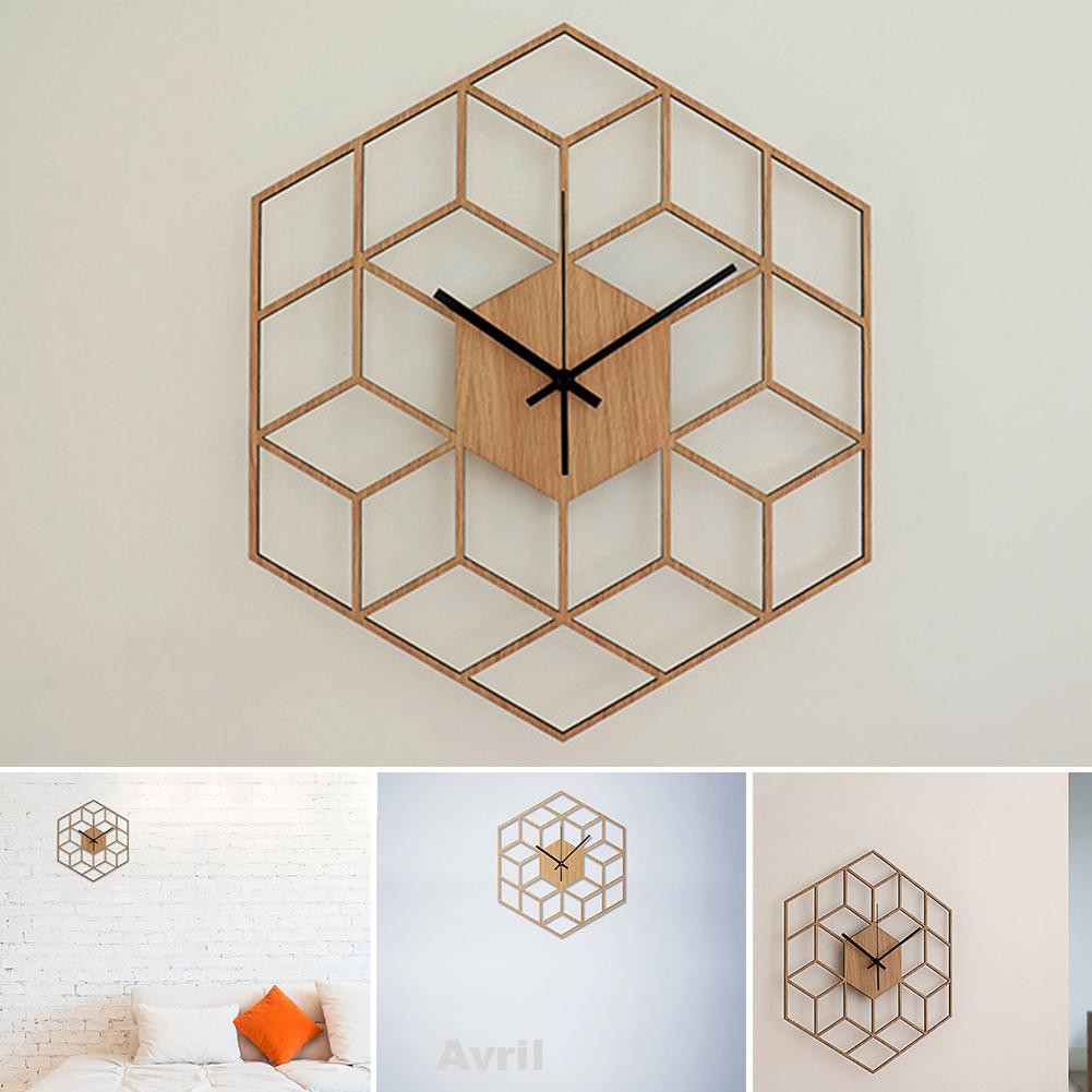 Bamboo Wood Battery Operated Geometry Hollow Home Decor Silent Office Large Wall Clock