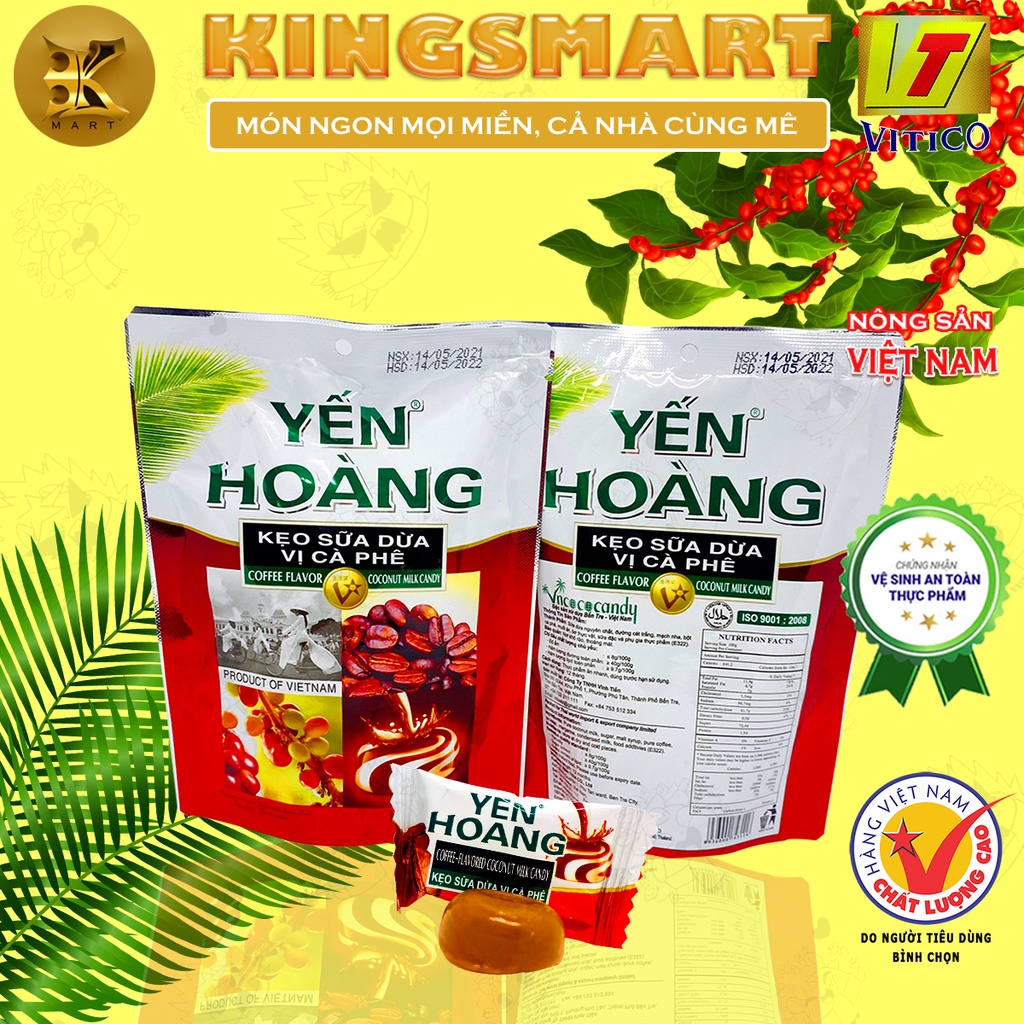 2 Bịch 100G Kẹo Dừa Giòn Vị Café YẾN HOÀNG ăn không dính răng (Sản xuất bởi Cty VĨNH TIẾN)