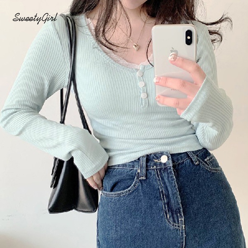 Áo Thun Tay Dài Cổ Chữ V Dáng Ôm Màu Xanh Nhạt Phối Ren Cài Khuy Thời Trang 2022 Dành Cho Bạn Nữ