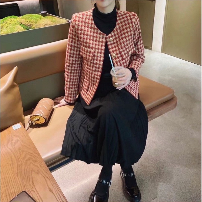 Áo dạ kẻ nhiều màu dáng ngắn