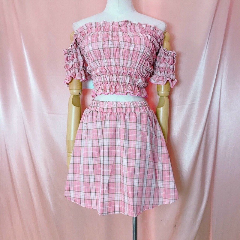 ẢNH THẬT TRẢI SÀN - SET ÁO BẸT VAI NHÚN + CHÂN VÁY CARO HỒNG