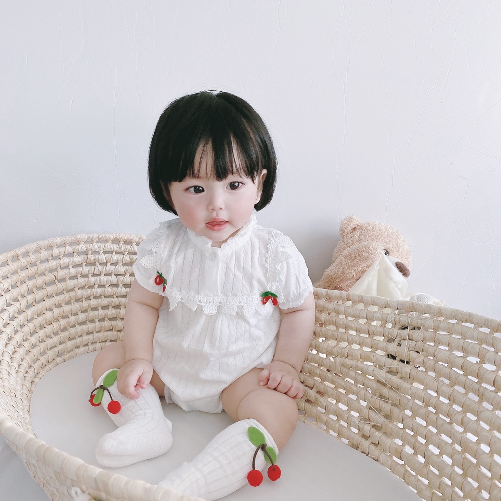 Áo Liền Quần Tay Ngắn Thêu Hình Quả Cherry Cho Bé Gái