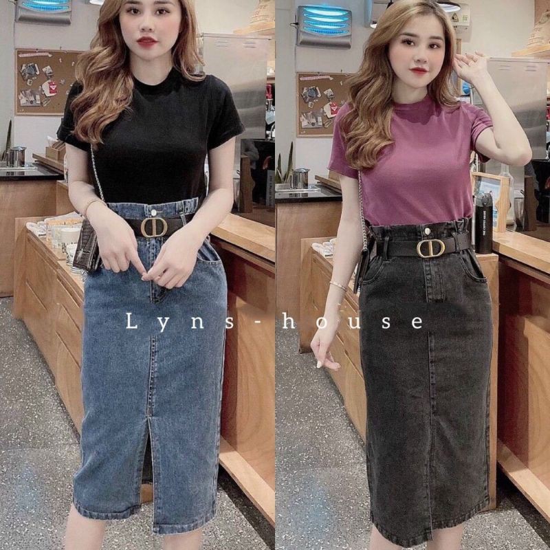 CHÂN VÁY JEAN🍀CHÂN VÁY BÒ DÁNG DÀI CẠP CAO LƯNG THUN CO GIÃN MIX ĐỒ SIÊU ĐẸP