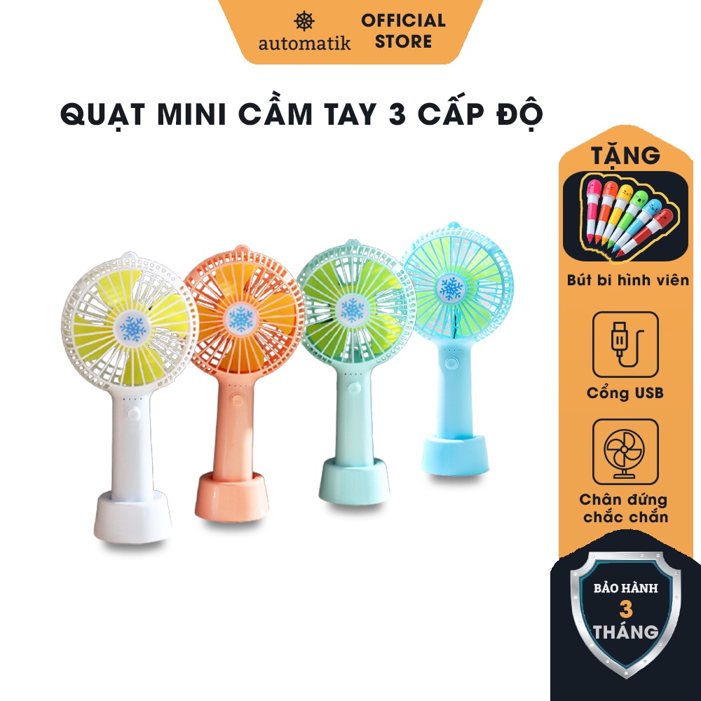 Quạt Mini Cầm Tay 3 Cấp Độ Để Bàn Sạc Pin Tích Điện Có Đèn Gọn Nhẹ, Dễ Dàng Mang Theo + Tặng Bút Bi Cute - Automatik