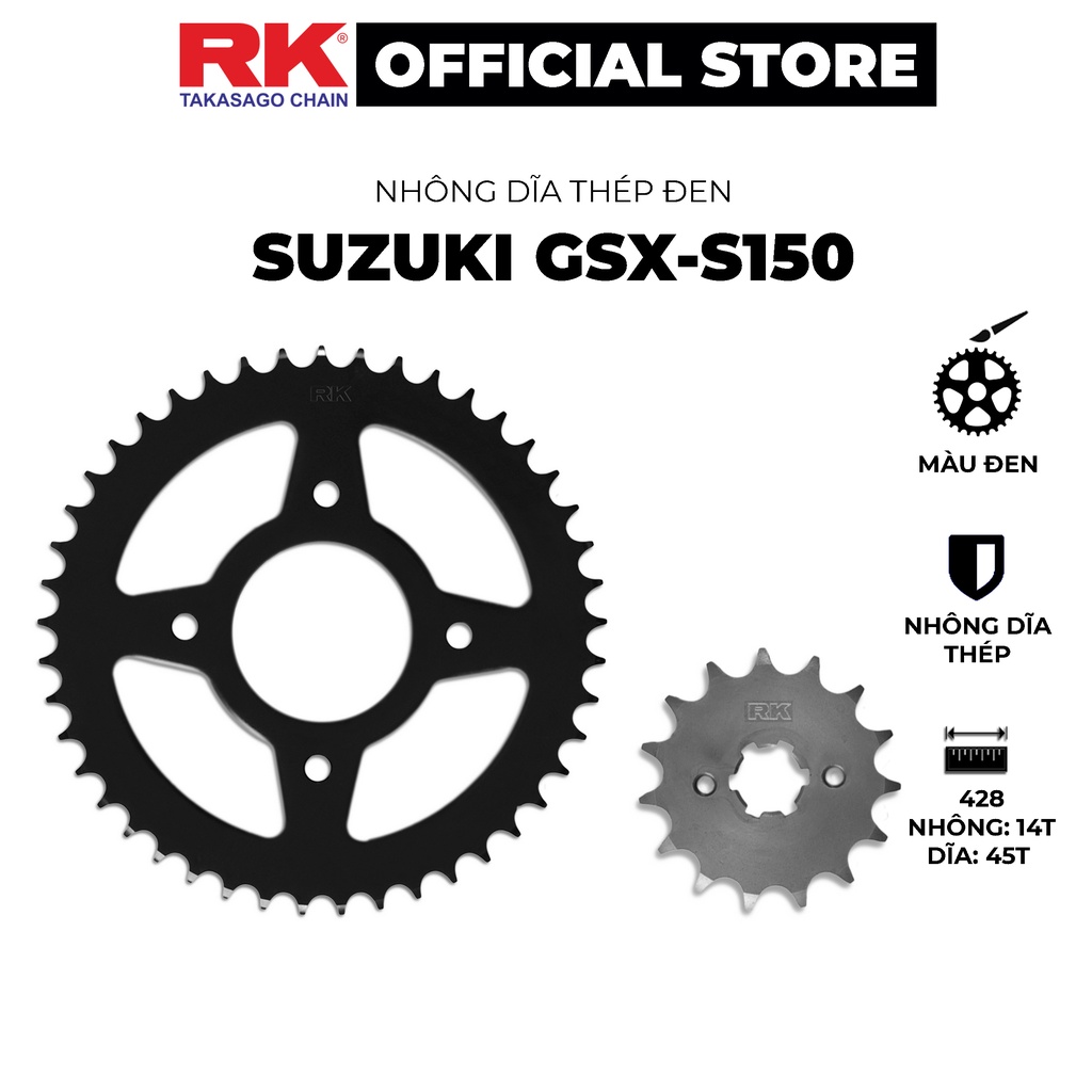 Nhông Dĩa RK Takasago chain cho xe máy GSX-S150, chất liệu: Thép mạ màu đen, độ dày Nhông Dĩa: 428