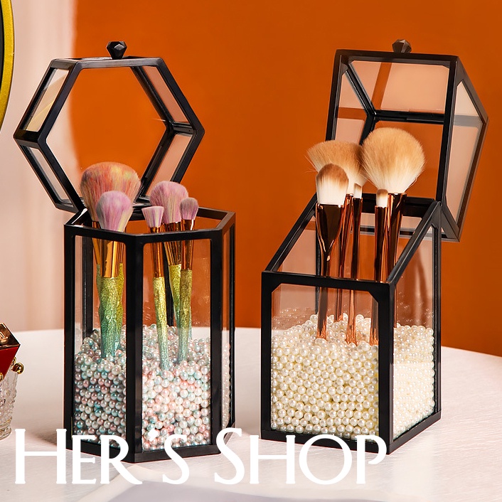 Hộp Đựng Cọ Trang Điểm Để Bàn Trong Suốt Hình Chữ Nhật Lục Giác Viền Đen Trắng - Hộp Bảo Quản Cọ Có Nắp Đậy Chống Bụi