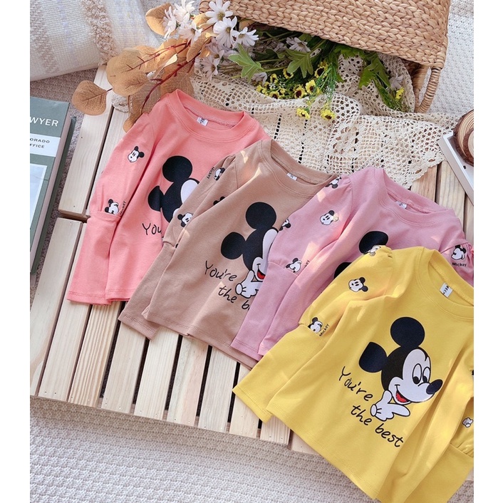 Bộ Cotton Bé Gái Hình Micky thiết kế tay bồng siêu xinh❤️ Bộ dài tay thu đông cho bé