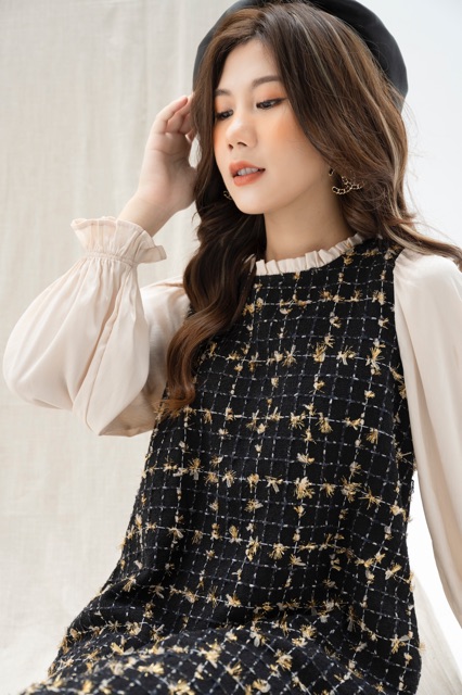 Váy Dạ Tweed Phối Tay Vải Lụa Be Phom Suông Dễ Mặc | BigBuy360 - bigbuy360.vn