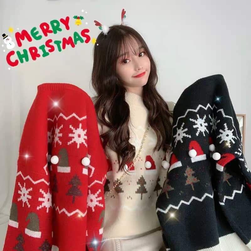 Áo len họa tiết noel phối nền trắng hàng Quảng Châu cao cấp.