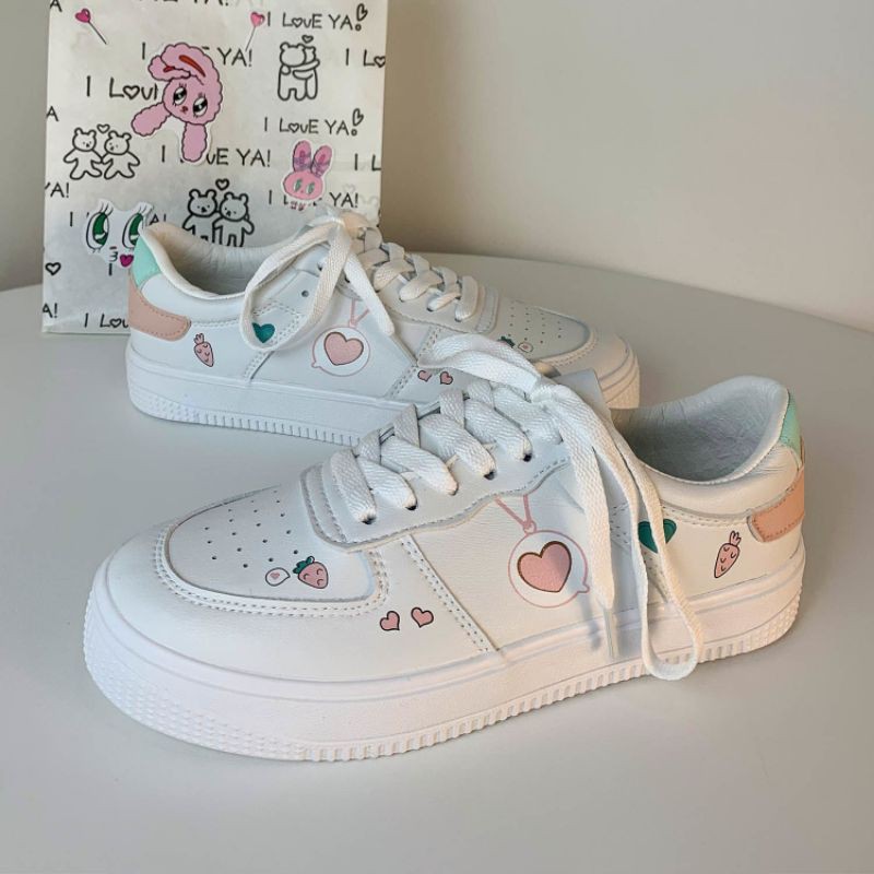 [Order] Giày sneaker nữ màu trắng viền màu hình trái cây hồng nhạt xinh ulzzang