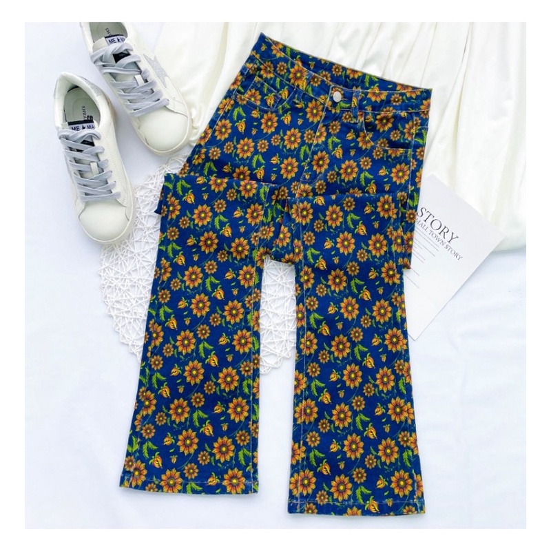 Quần Jean Lưng Cao Ống Loe In Họa Tiết Thời Trang