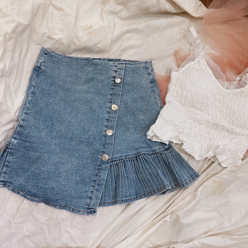 Chân váy ngắn jean phối đuôi cá xếp li | BigBuy360 - bigbuy360.vn