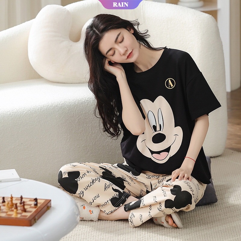 Bộ Đồ Ngủ Tay Ngắn + Quần Dài Bằng Cotton In Họa Tiết Nhân Vật Hoạt Hình Dành Cho Nữ