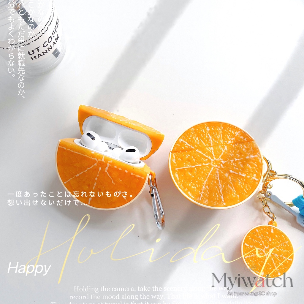 Vỏ Bảo Vệ Hộp Sạc Tai Nghe Airpods 1 2 3 pro Apple Bluetooth Không Dây Chất Liệu Silicon Mềm Gắn Móc Kim Loại Hình Quả Cam 3D