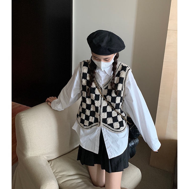 Áo len không tay dáng rộng họa tiết sọc caro cá tính | BigBuy360 - bigbuy360.vn