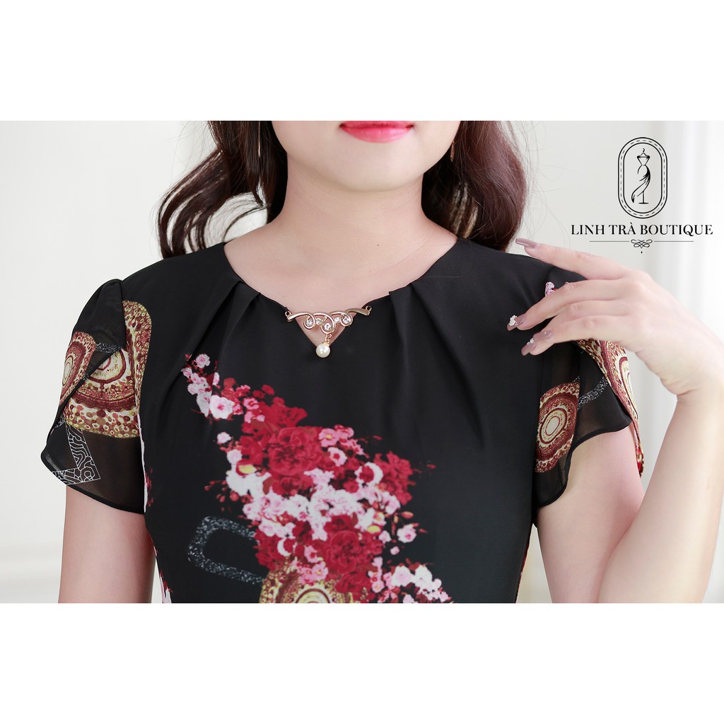 Đầm Suông Trung Niên Linh Trà TM112 Vải Voan Chiffon Cao Cấp Cho Mẹ