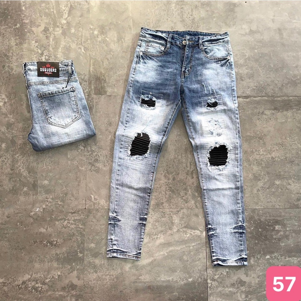 Quần jean nam rách gối màu xanh nhạt trơn chất jeans bò cao cấp co dãn 4 chiều rin form dáng skinny Hado90 mẫu mới