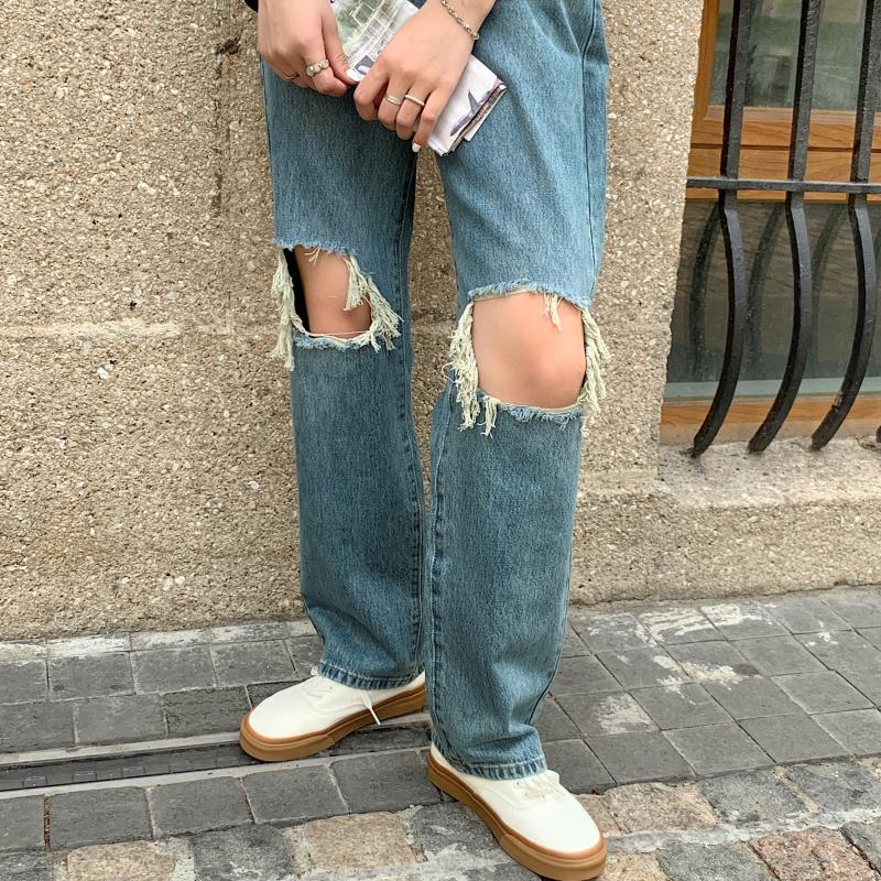 Quần Jeans Nữ Lưng Cao Ống Đứng Mài Rách Thời Trang