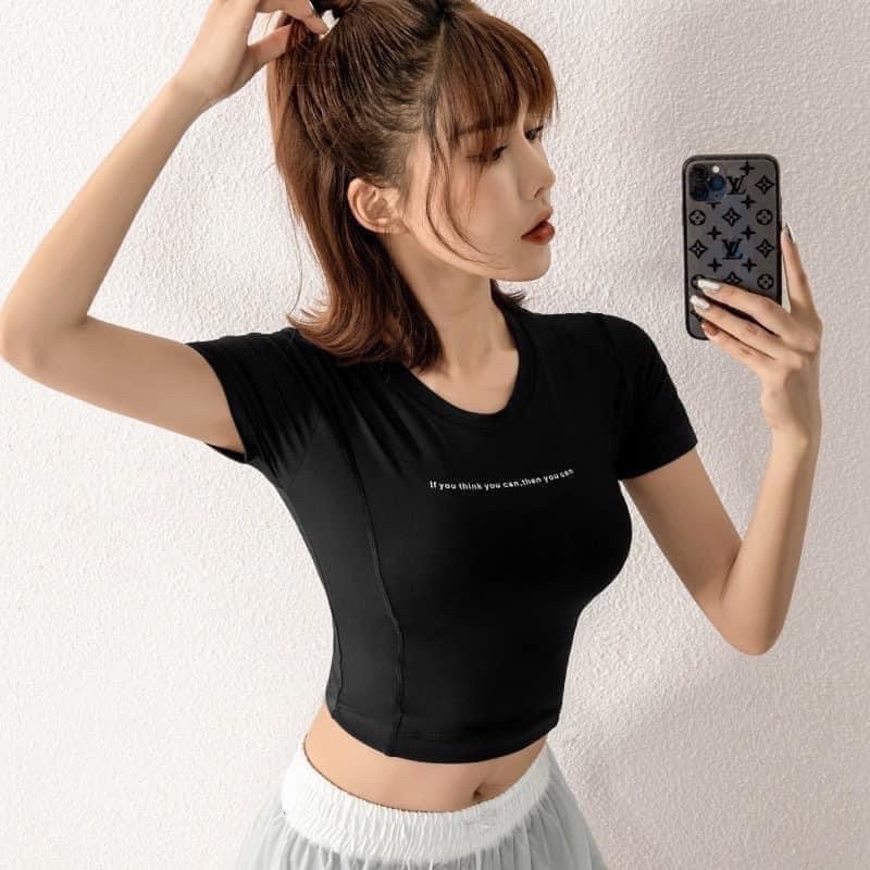 Áo thun croptop body in chữ tập gym yoga và chơi thể thao