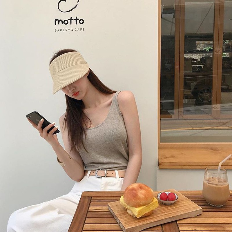 Mũ Cói Chống Nắng Hở Chóp Màu Sắc Đơn Giản Phong Cách Hàn Quốc Cho Nữ