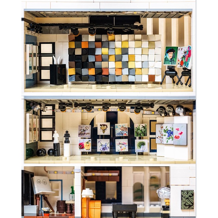 Lắp ráp Mô hình novatown mould king 16043 The  Art Gallery phòng trưng bày nghệ thuật có đèn led