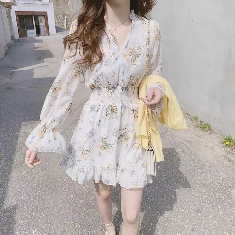 Váy hoa nhí vintage, Đầm hoa nhí ulzzang Hàn Quốc cổ tim cúc bọc xinh Maitrangshop92 – (TTA58)