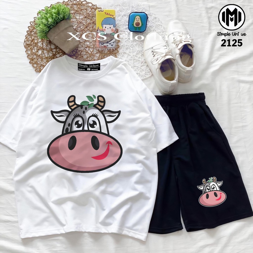 Đồ Bộ Hoạt Hình Unisex BÒ SỮA Set Cartoon, Freesize, Thun Cotton, Nam Nữ Đều Mặc Được