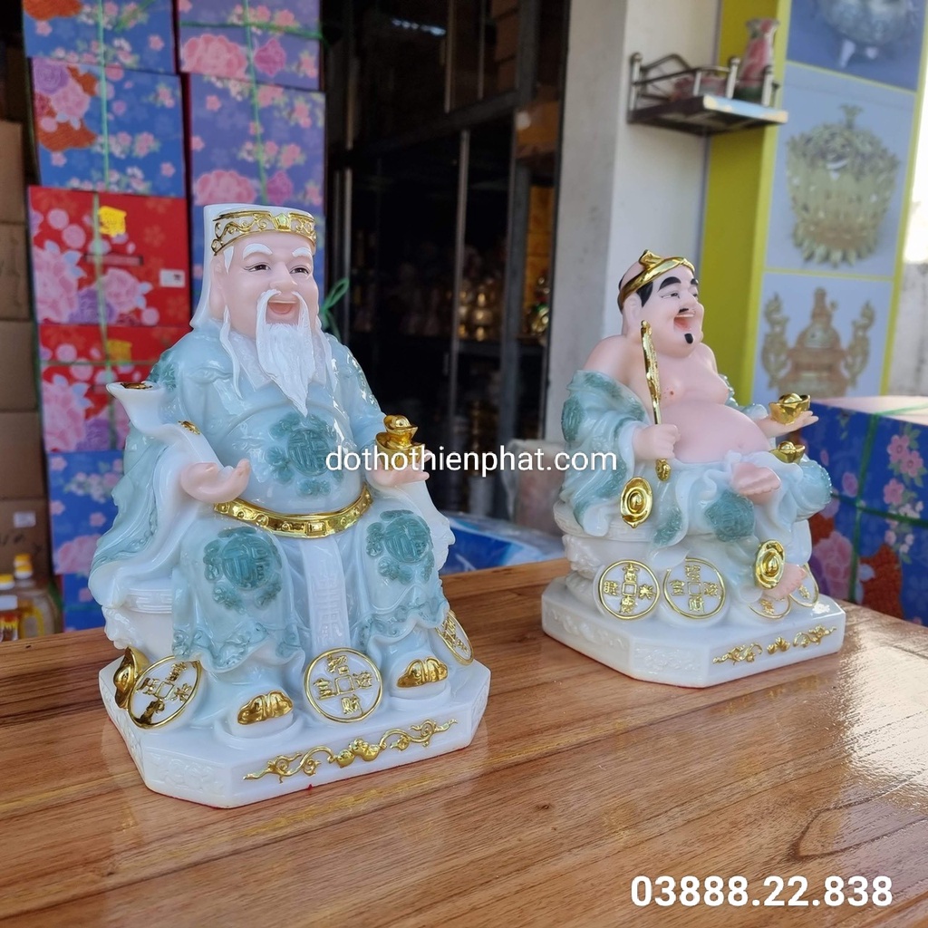 Cặp thần tài ông địa đá màu xanh 10in cao cấp hàng loại 1
