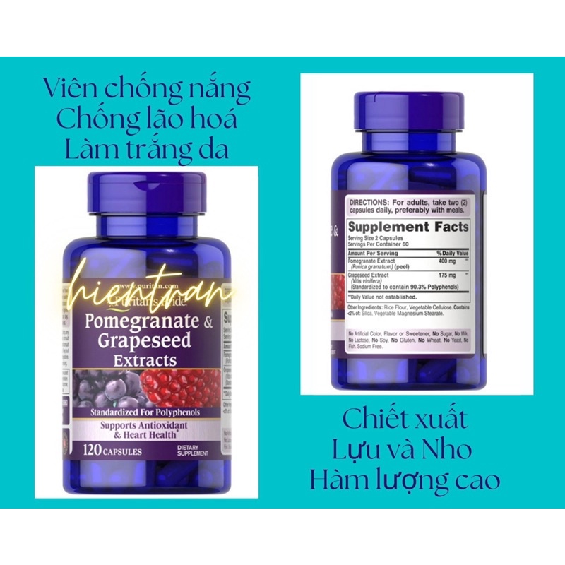 Viên uống chống nắng, trắng da Lựu & Nho puritan's pride