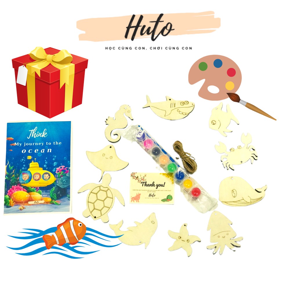 Bộ Trò Chơi Khám Phá Đại Dương, Tô Màu Cùng Bé, Tặng kèm màu cọ