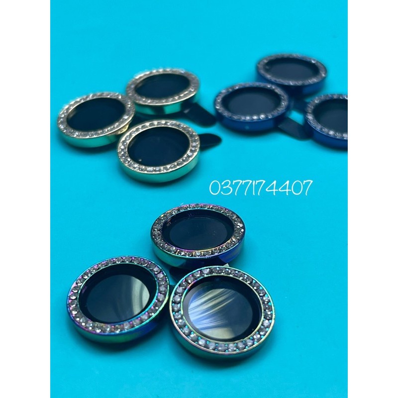 Bộ 3 mắt dán bảo vệ camera kim cương iphone 14, 13 12 Mini, 12, 12 Pro Max, 11 đính đá hạt siêu đẹp titan 7 màu cầu vồng