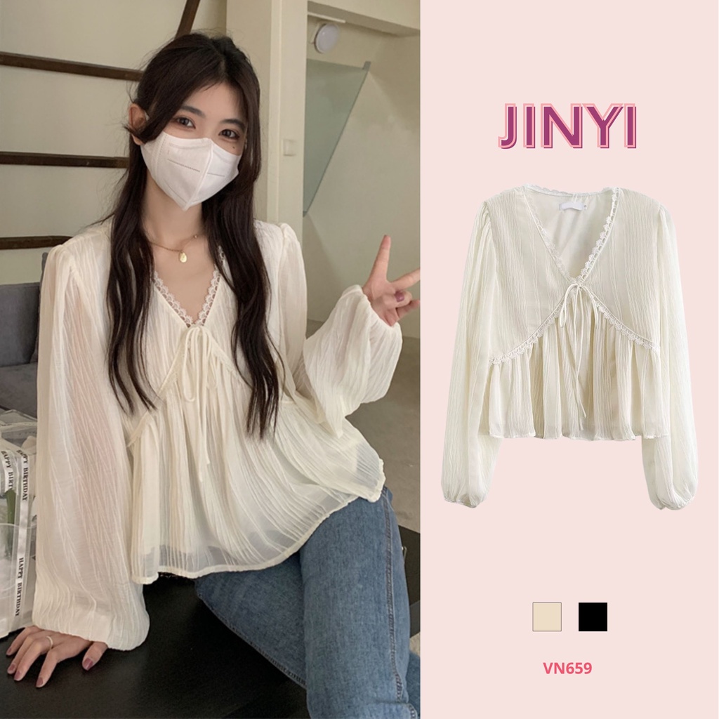 VN659 JinYi Áo sơ mi baby doll vải voan nhẹ nhàng dễ thương
