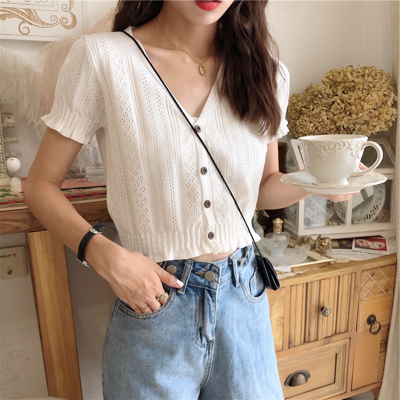 Thời trang Áo croptop dệt kim tay ngắn thời trang quyến rũ cho nữ