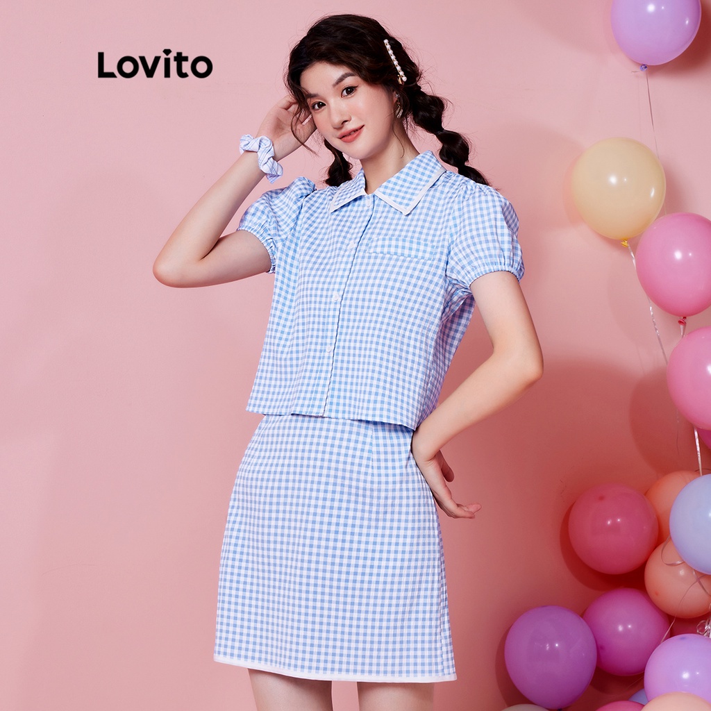 Set đồ LOVITO áo tay phồng tương phản kẻ sọc phong cách Preppy DOPAMINE cho nữ (độc quyền) L28AE039 (màu xanh lam)