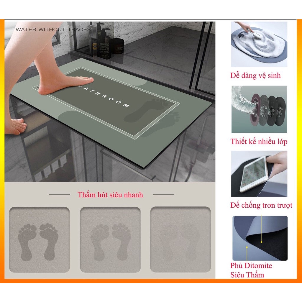 Thảm Lau Chân Phòng Tắm Silicon Siêu Thấm Hút Nước Chùi Đế Cao Su Chống Trơn Trượt Khách Sạn Cao Cấp 40x60 Cm