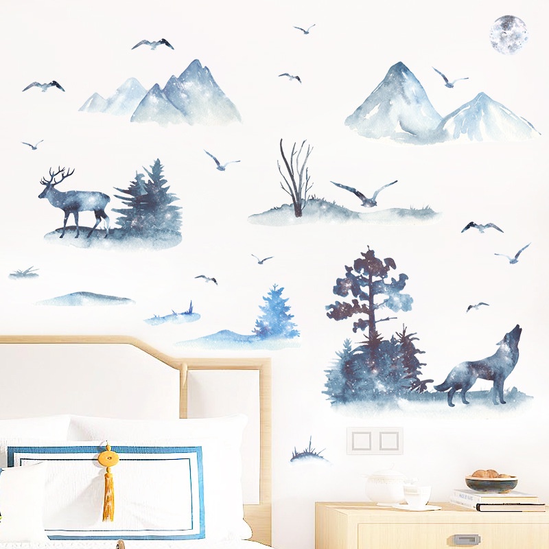 Decal dán tường Tranh thủy mặc núi rừng trang trí phòng khách AMYSHOP