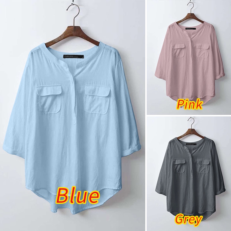 ZANZEA Áo Nữ Tay 3 / 4 Cổ Tròn Màu Trơn Phong Cách Vintage Thời Trang