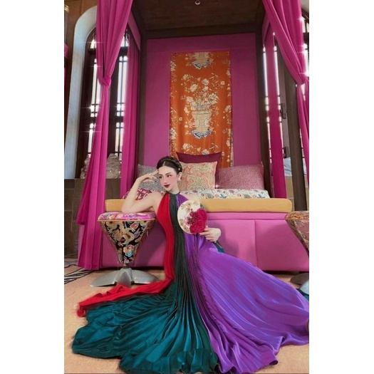 Đầm maxi dập ly loang đi biển, váy maxi đi du lịch 3 màu