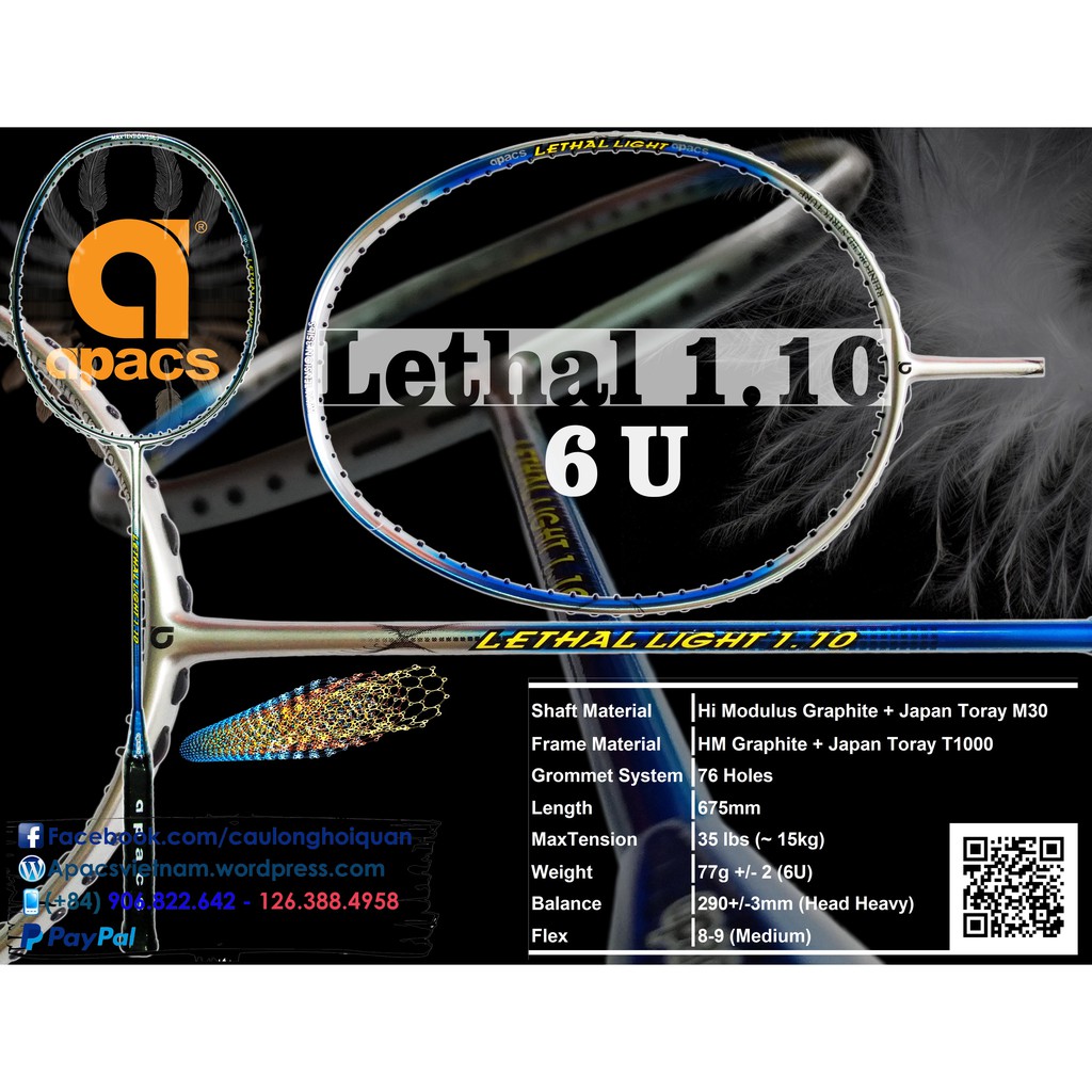 Vợt cầu lông Apacs Lethal Light 1.10 (6U) - nhẹ tựa như bông, nặng đầu công tốt - kèm phiếu bảo hành