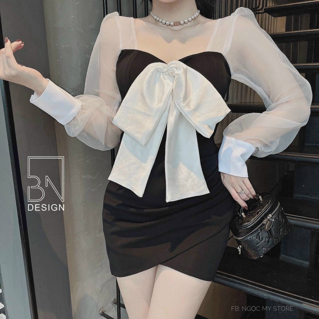 Đầm Lụa Phối Lưới Kèm Nơ Ngực Thời Trang Có Mút Ngực