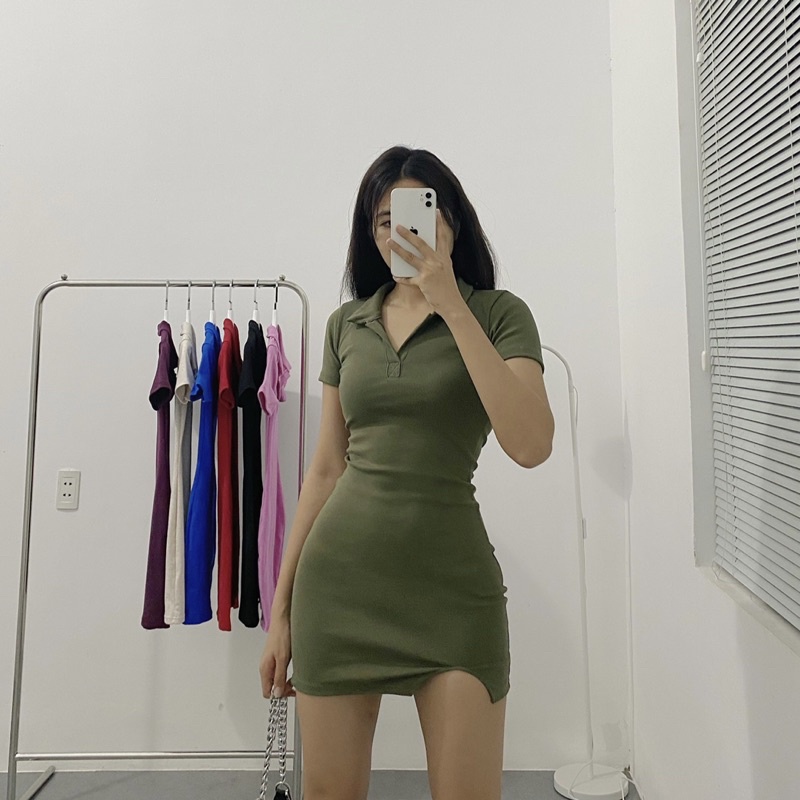 Đầm ôm cổ polo xẻ đùi