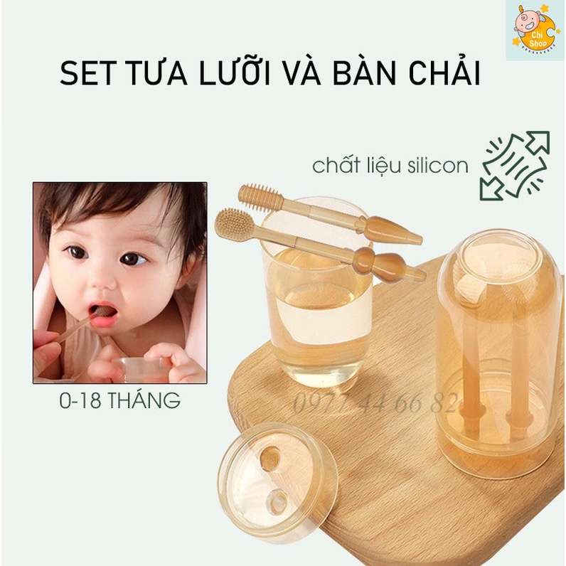 Bộ rơ lưỡi tưa lưỡi và bàn chải silicon KidAndMom BRLBC vệ sinh răng miệng kèm cốc đựng có nắp đậy cho bé 0-18 tháng